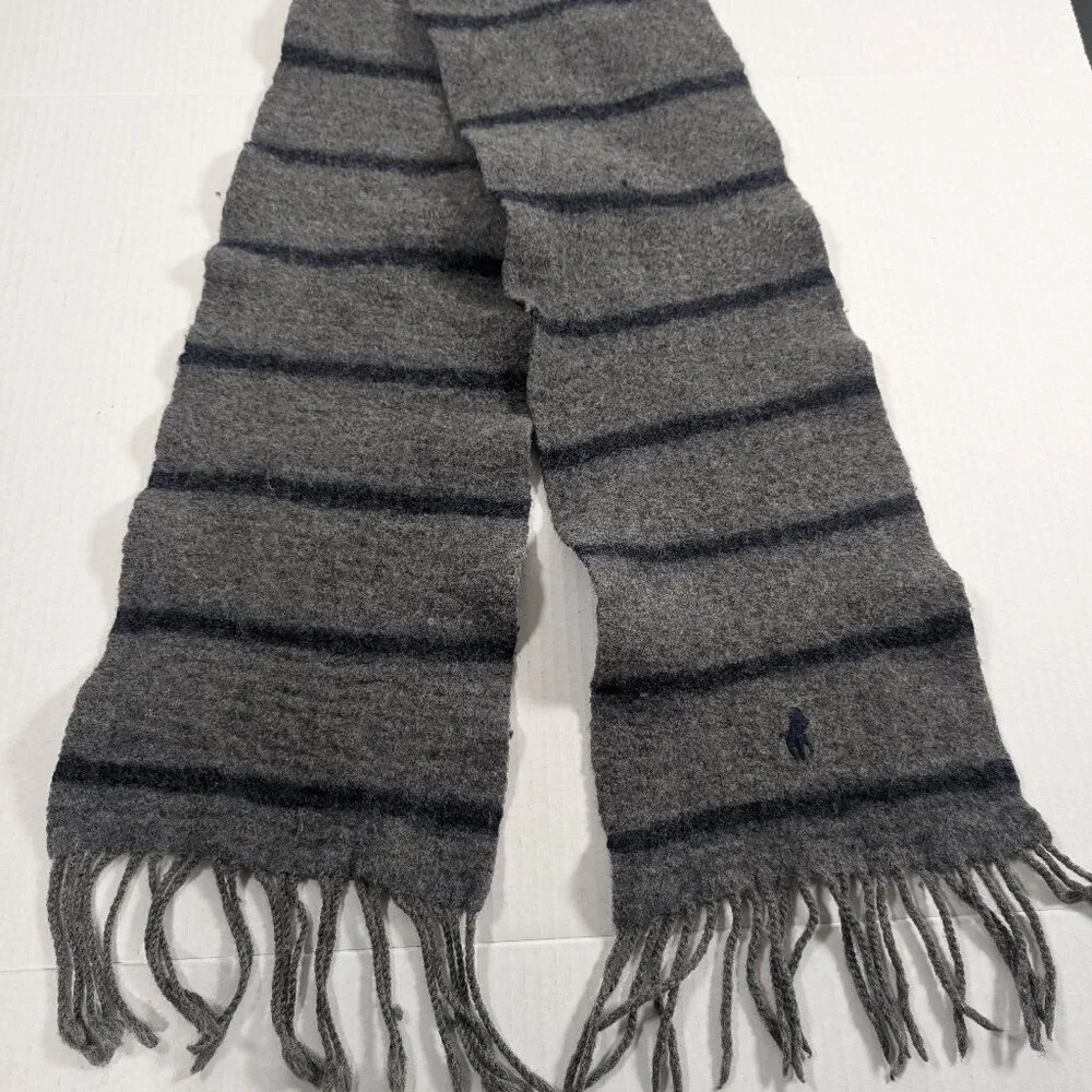 Polo Ralph Lauren Lambs Wool Scarf Grey and Blue Stripes